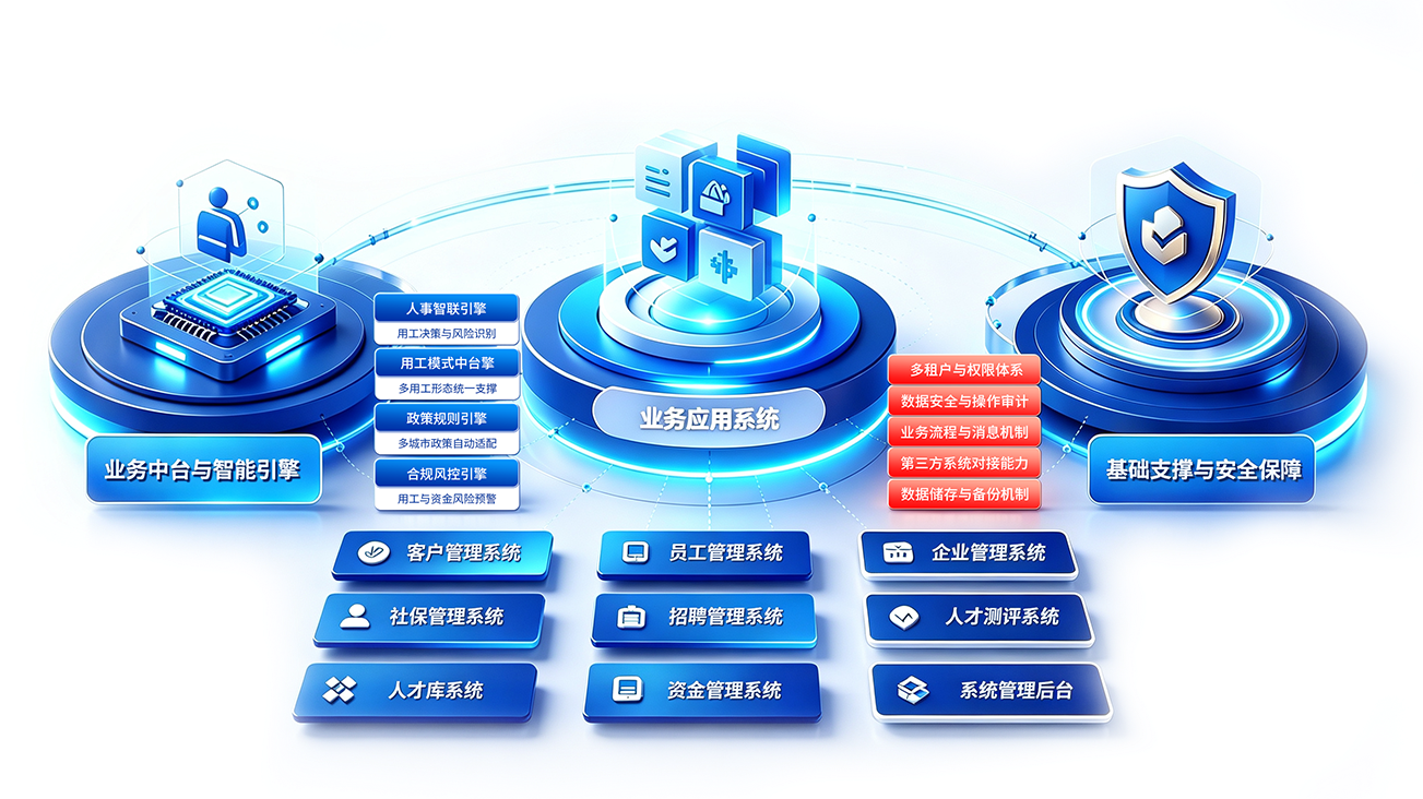 国曙自研HR SaaS系统架构：业务中台与智能引擎、业务应用系统、基础支撑与安全保障